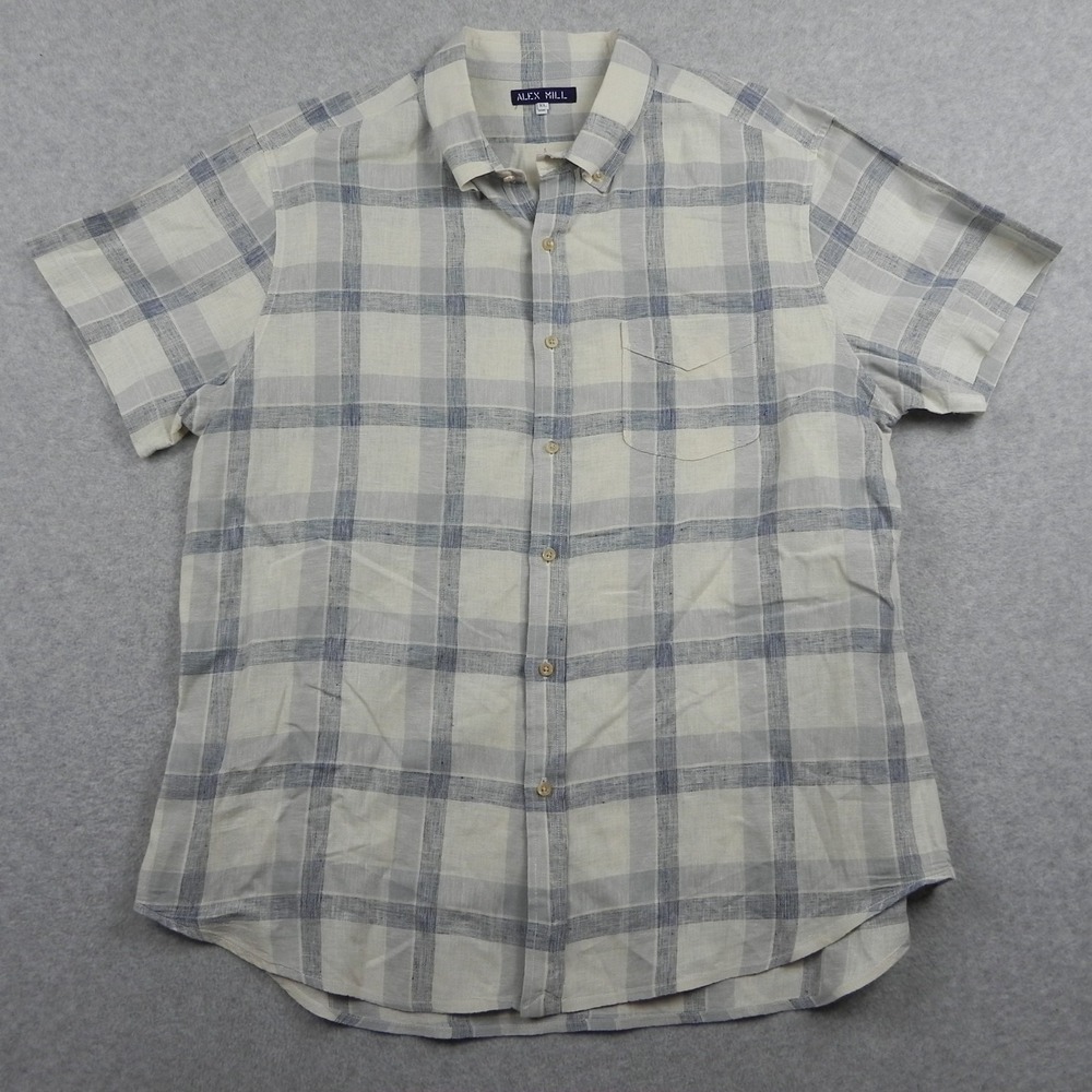 Alex Mill Shirt Mens XL Casual Pocket Button Up Ivory Blue Plaid Short Sleeve